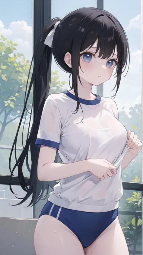 anime girl in a white shirt and blue shorts standing in front of a window