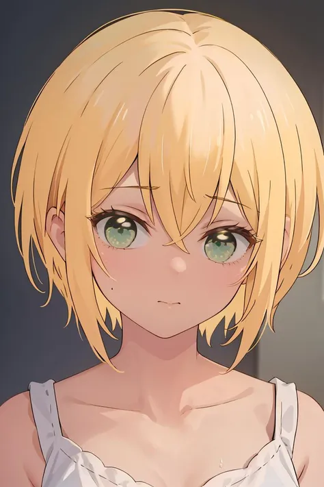 anime girl with blonde hair and green eyes looking at camera