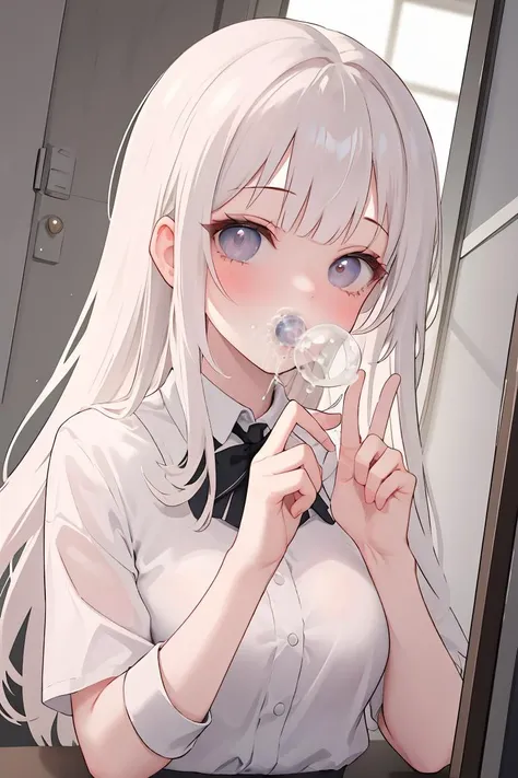 anime girl with white hair blowing a flower in front of her face