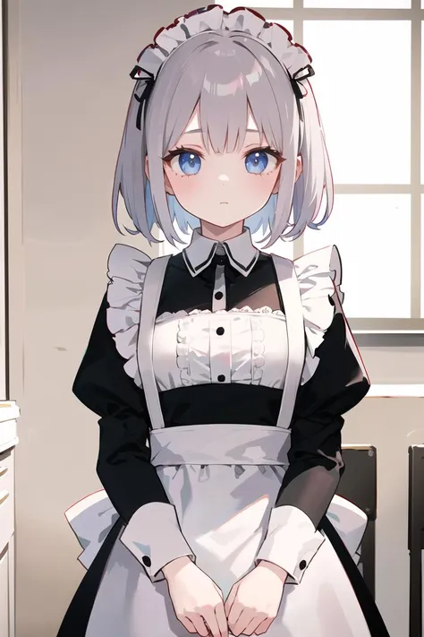 anime character dressed in maid outfit standing in kitchen with blue eyes