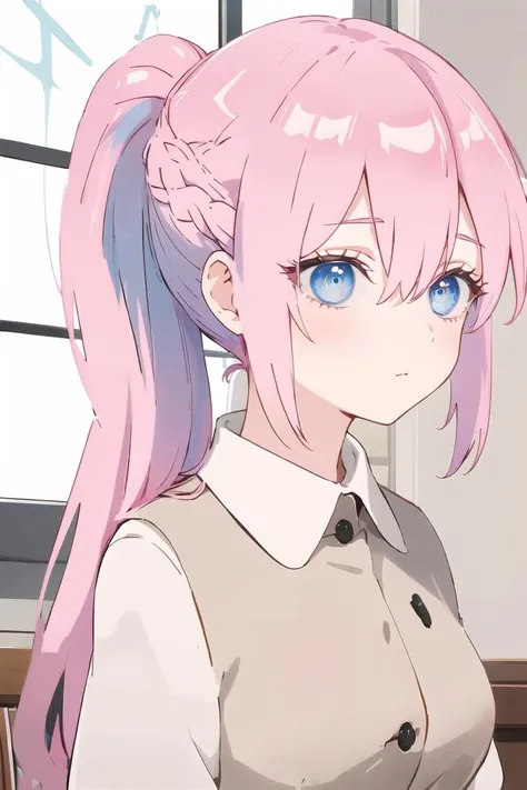 anime girl with pink hair and blue eyes sitting in a chair