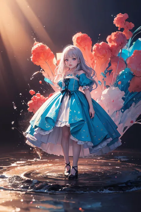 a girl in a blue dress standing in a puddle of water