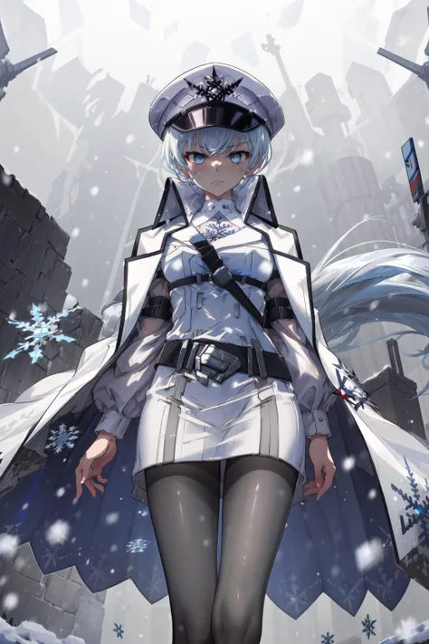 masterpiece,best quality,1girl,weissneg,peaked cap,military uniform,white coat,belt,pantyhose,frown,expressionless,standing,snow,snowing,snowflakes,snowstorm,(from below),<lora:rwby_weissschnee:1>,