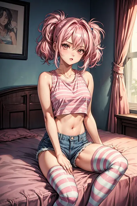 anime girl sitting on a bed with pink hair and striped stockings