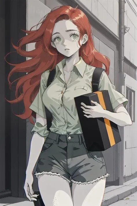 a woman with red hair walking down a street holding a book