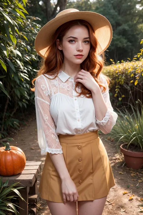 RAW photo of 27yo fenn_goodnightmoon, 8k uhd, dslr, hard lighting, high quality, film grain, Fujifilm XT3, standing in pumpkin patch in autumn, leaves falling, close-up, wearing short skirt, red  lipstick, medium ginger hair straight, freckles, converse sh...