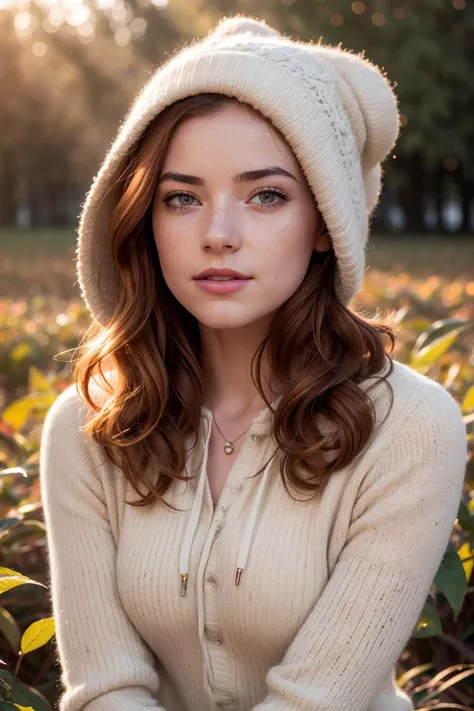 RAW photo of 27yo fenn_goodnightmoon, 8k uhd, dslr, soft lighting, high quality, film grain, Fujifilm XT3, standing in pumpkin patch in autumn, leaves falling, close-up, wearing  fuzzy hoodie and leggings, red  lipstick, sparkly eyeshadow, medium ginger ha...