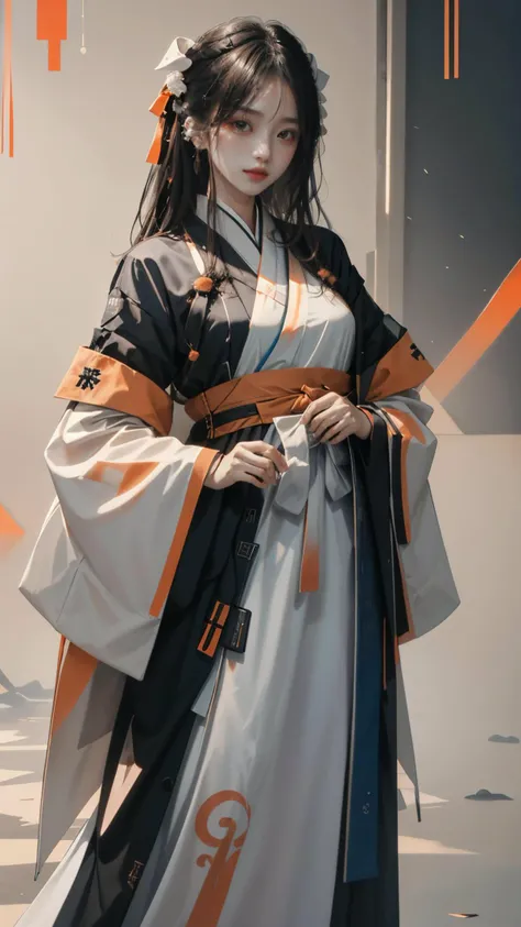 masterpiece, best quality,highres, 1girl,  <lora:easttechwear:0.8>(orange, hanfu), white background