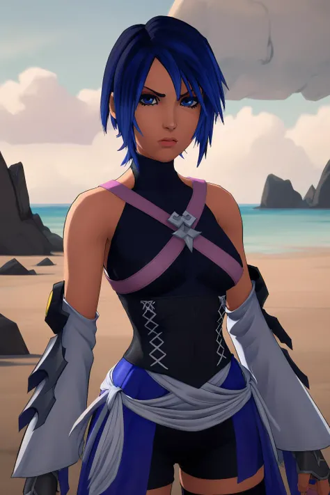 Highly detailed, High Quality, Masterpiece, <lora:[Floor]KHAqua:.8>, <lora:Afrobull [MockAi - v1.0]:.8>, cell shading, simple shading, colorful, clean lineart, solo, KH-Aqua, blue eyes, blue hair, short hair, arm armor, pink torso strap, chest ornament, da...