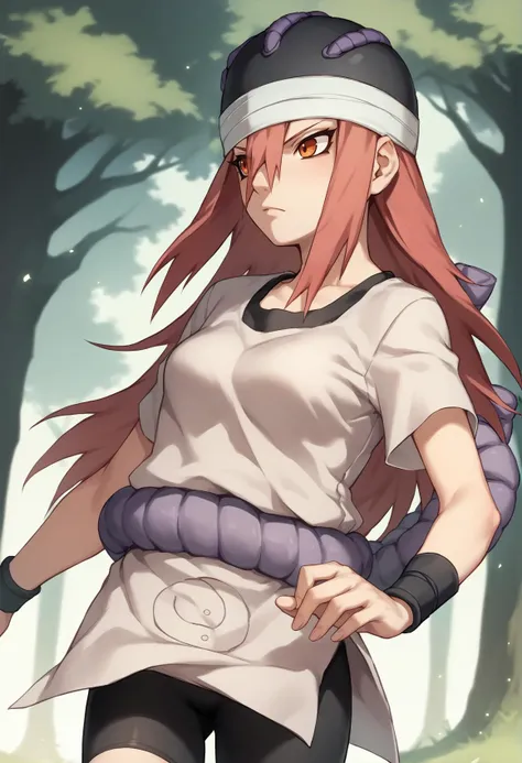 1girl, tayuya, bike shorts, breasts, black headwear, wristband, medium breasts, purple rope belt, long hair, looking to the side, ninja, orange eyes, red hair, shirt, short sleeves, solo, tan tunic, outdoors, forest <lora:Tayuya-000012:1>, score_9, score_8...