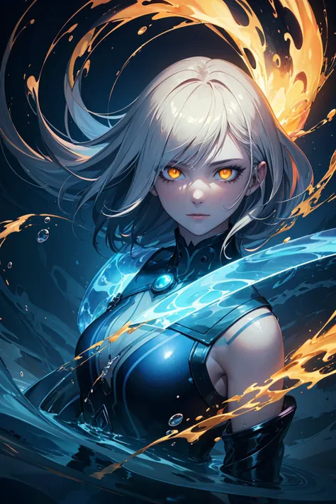 a woman with white hair and yellow eyes holding a sword