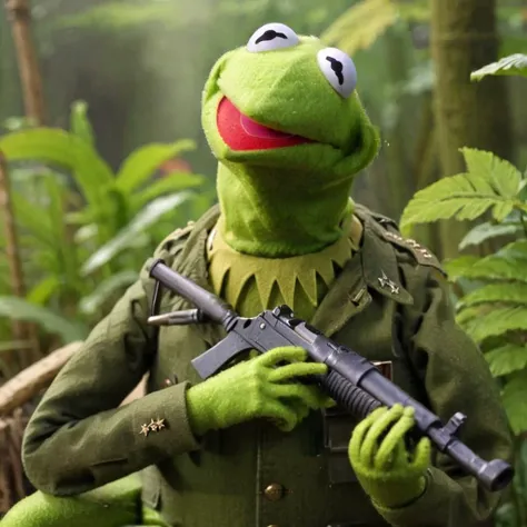 <lora:Kermit1024:1> Kermit1024, kermit the frog wearing military uniform, military, military uniform:1.2, military hat, military jacket, jungle, wetland, vietnam war:1.2, holding weapon, ak-47, holding knife,