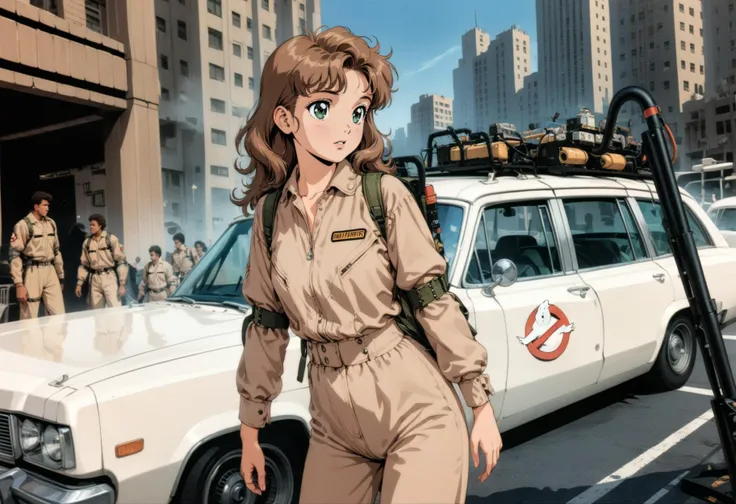 1girl, solo, brown hair, feathered hair, green eyes, in a costume, <lora:Ghostbuster1024:0.8> Ghostbuster1024, outdoors, city, white car, vehicle focus, building, cinematic angle, retro artstyle, 1980s (style), (masterpiece), (best quality), (ultra-detaile...