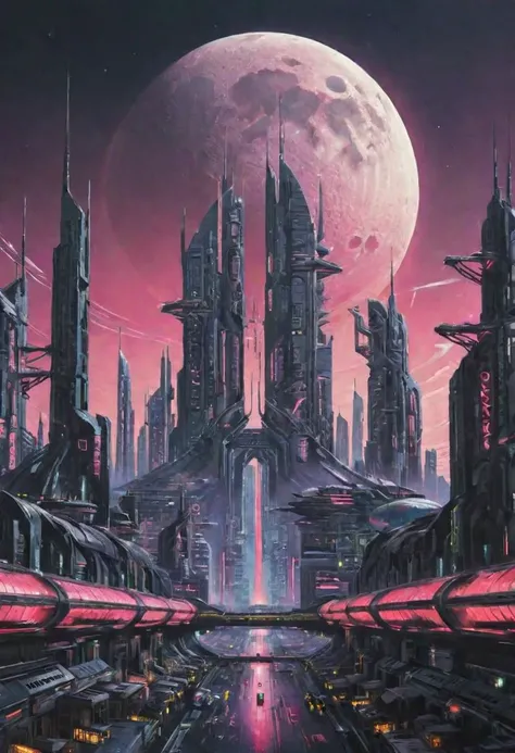 Futuristic city, on exo moon, cyberpunk, synthwave style