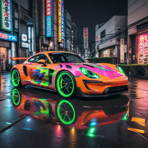 a close up of a car with neon paint on it