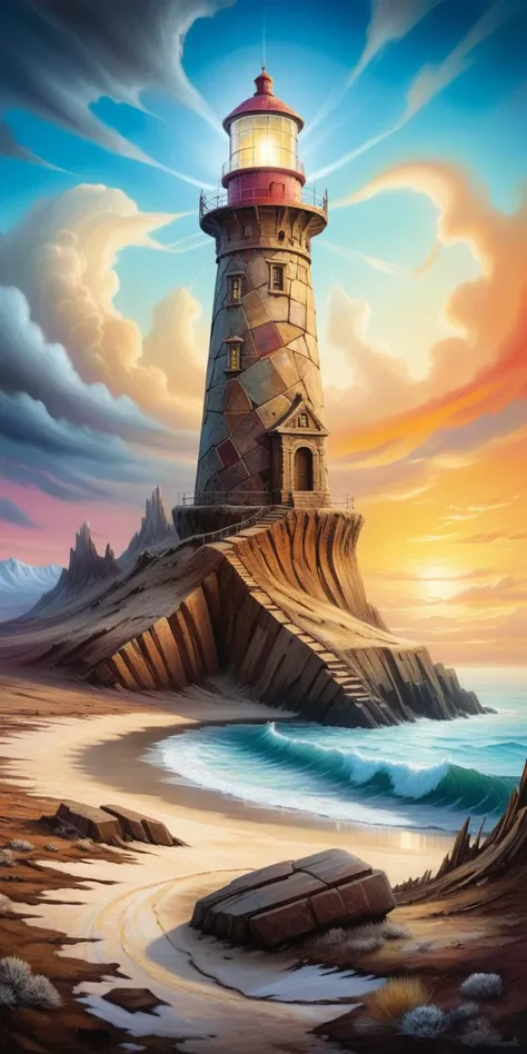 A surreal psychedelic painting an ethereal Inka Ash blonde lighthouse in desolate condition in a winter Subtropical desert landscape, highly detailed stone texture, intricate masonry