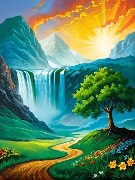 a painting of a waterfall and a road in the middle of a field