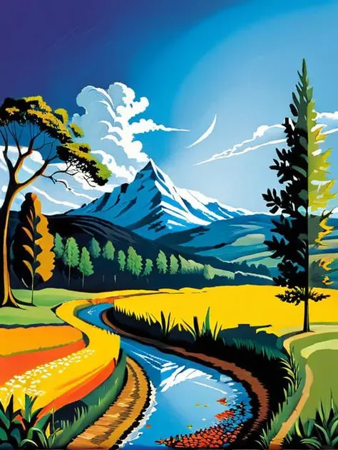 a painting of a mountain scene with a stream and trees