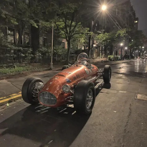 1960s Formula One car in Brooklyn Heights, night photo, beautiful reflections, moonlight rays