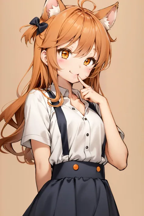 Orange background, Orange theme,Warm lighting,Golden hour,Fan Qi, anime art, a manga drawing, furry art,1 girl,cute girl,kawaii,(solo:1.3),(maiden:1.2),:t,smile,deyui,animal ear fluff,(finger to mouth,index_finger_raised,ð¤«,shushing:1.4,petite girl),hand...