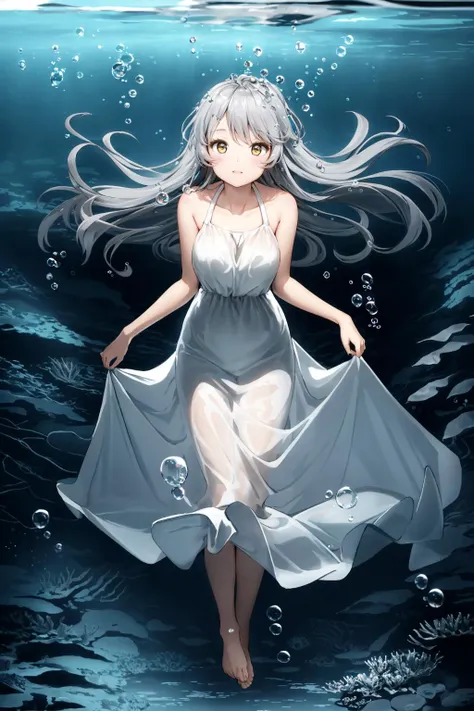 Silver haired girl under water, 1 girl, solo, deep sea, very long hair, hair shaking and spreading in water, surface over head, full body, face focus, diving, maxi long dress, voluminous dress, dress also floating and spreading in water, bare feet, looking...