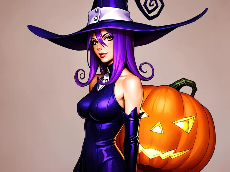 witch with purple hair and a purple hat holding a pumpkin