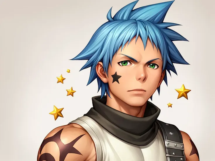 a close up of a person with blue hair and a star on his arm