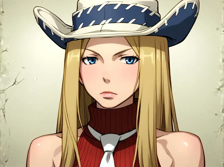 blond woman with blue eyes wearing a cowboy hat and a red sweater