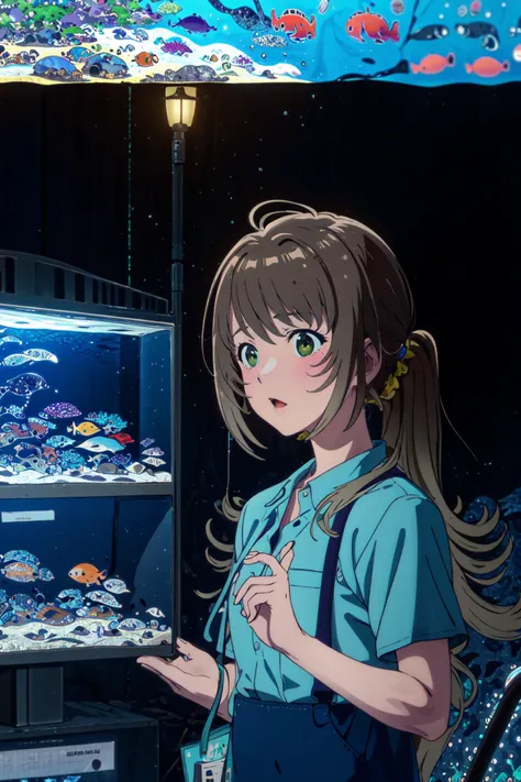 best quality, miyazawa fuuka(aquatope), 1girl, hair ornament, long hair, green eyes, (miniature aquarium on own hand:1.4), holding, loose hawaiian shirt, bare shoulders, head rest, naughty face, outdoors, lined lamppost, (at the anechoic chamber, battery i...