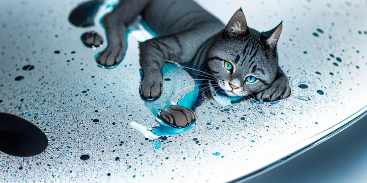 russian blue cat, solo, portrait, aqua eyes,  light grey fur, no humans, animal focus, office, (copier, reflection, droste effect:1.2), highly detailed, best quality, masterpiece <lora:soapbubblefilm_lora_CwR_gm5:0.8>