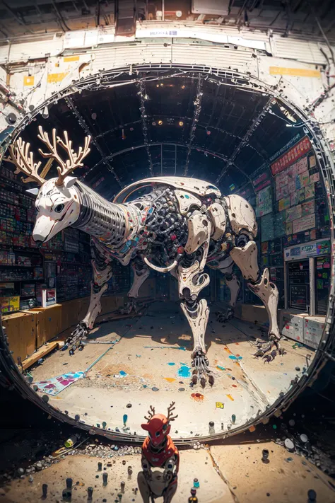 best quality, no humans, black theme, reindeer, parakeet, (mannequin, exoskeleton:1.4), hanging flag, short hair, huge glass cylinder, vehicle, tunnel, concrete architecture, tokyo metro, extremely detailed, masterpieces <lora:soapbubblefilm_lora_unetonly:...