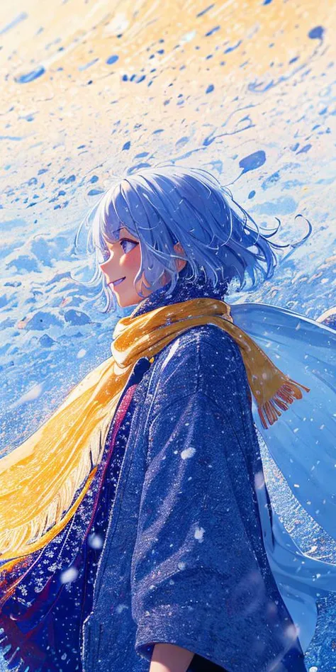 best quality, upper body, white hair, short hair, floating hair, scarf, 1girl, solo , smile, intricate coat, ((flying snow)), colorful theme, (snowfield), from side, sky, cloudy sky, building, sunlight, sun, extremely detailed, masterpieces  <lora:soapbubb...