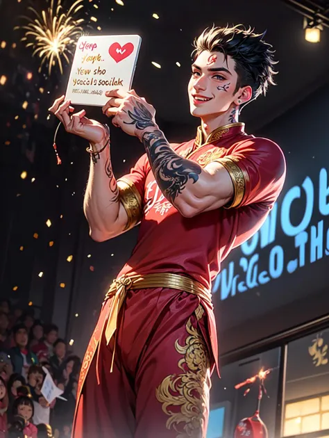 Amidst the Chinese New Year festivities of the Dragon, a handsome young man dons traditional attire.( His clothing reveals chiseled muscles and tattoos:1.3), with a red shirt featuring golden dragon embroidery and snug, red trousers adorned with fireworks ...