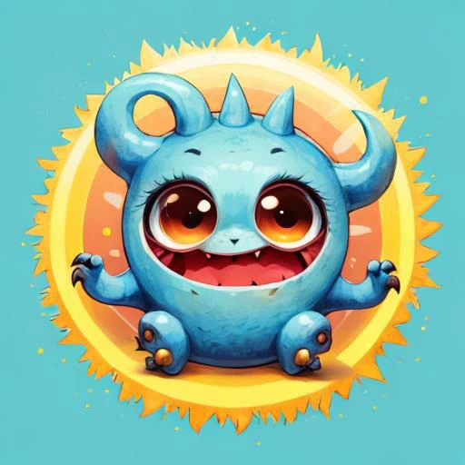 a blue monster with big eyes and big eyes sitting in front of a sun