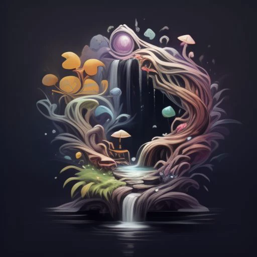 a digital painting of a waterfall and a tree with a house in it