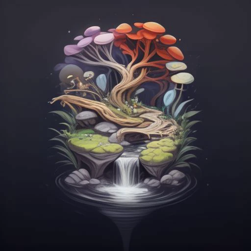 a painting of a waterfall with mushrooms and trees on it