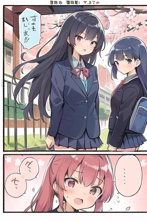 ultra-detailed,masterpiece,best quality, AGGA_ST021, comic,3girls,manga style,school gate,cherryblossom,blazer,school uniform,plits skirt,signboard,<lora:HerrscherAGGA2023_Concept_comic_Style_V2:0.8>,speech bubble,koma,border,strong wind