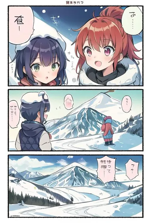 ultra-detailed,masterpiece,best quality, AGGA_ST021, comic,3girls,manga style, skiwear,snow mountain,ski,rift<lora:HerrscherAGGA2023_Concept_comic_Style_V2:0.8>flower garden,speech bubble,koma,border,