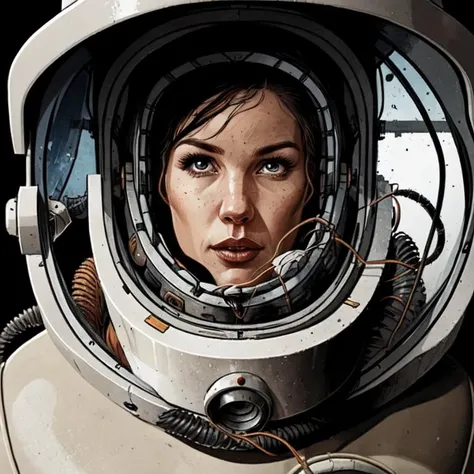 a woman in a space suit looking out of a window