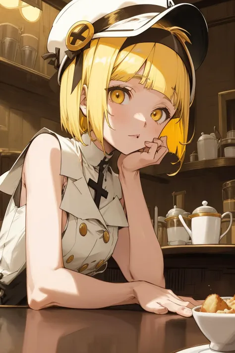 anime girl in uniform sitting at a table with a bowl of cereal