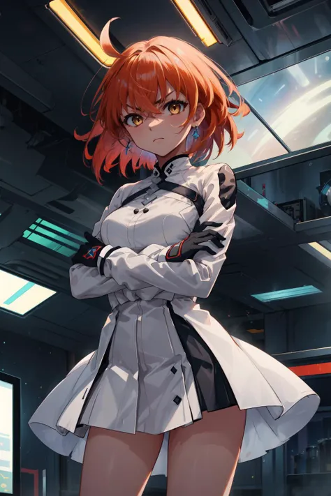 masterpiece,best quality,1girl,bbritsuka,medium hair,ahoge,medium breasts,short dress,white dress,long sleeves,black gloves,serious,standing,crossed arms,indoors,science fiction,cowboy shot,<lora:CHAR-FGO-GUDAKO-Fujimaru Ritsuka female_v1-h_madoka:0.8>,