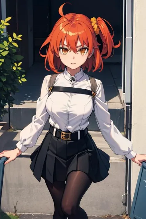 masterpiece, best quality, highres, <lora:FGO_F!FujimaruRitsuka [h_madoka]:0.8>, aaritsuka, short hair, ahoge, hair scrunchie, orange scrunchie, medium breasts, white jacket, harness, long sleeves, belt, black skirt, miniskirt, black pantyhose, outdoors, f...