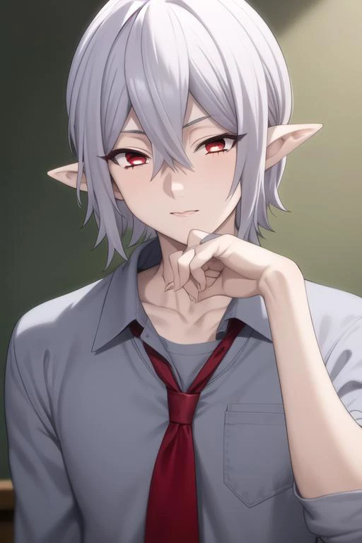 masterpiece, best quality, high quality, 1boy, solo, male focus, looking at viewer, upper body, <lora:mihai_florescu:0.74>, mihai_florescu, red eyes, silver hair, hair between eyes, pointy ears, , school uniform