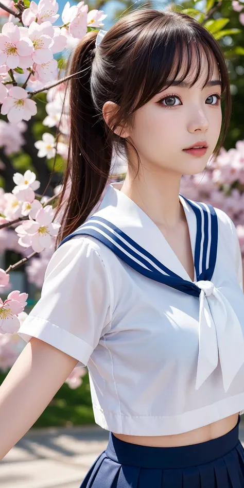 a close up of a woman in a sailor outfit posing for a picture