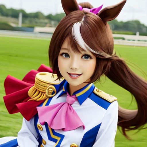 masterpiece, best quality, close up, face shot, look at viewer, smile, upper body, hands down,
tokai teio (umamusume),
race track, flowing grass,
hair ribbon, pink ribbon, single epaulette, pink ascot, red capelet, long sleeves, asymmetrical gloves, mismat...