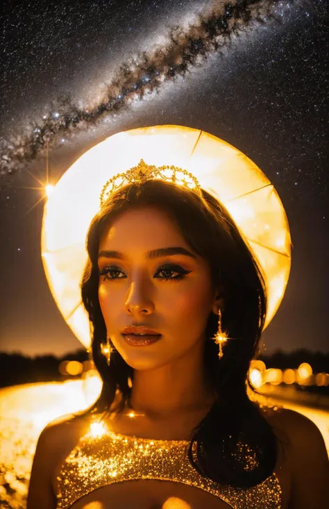 a woman in a gold dress and a star filled sky