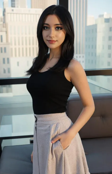 a close up of a woman standing in front of a window