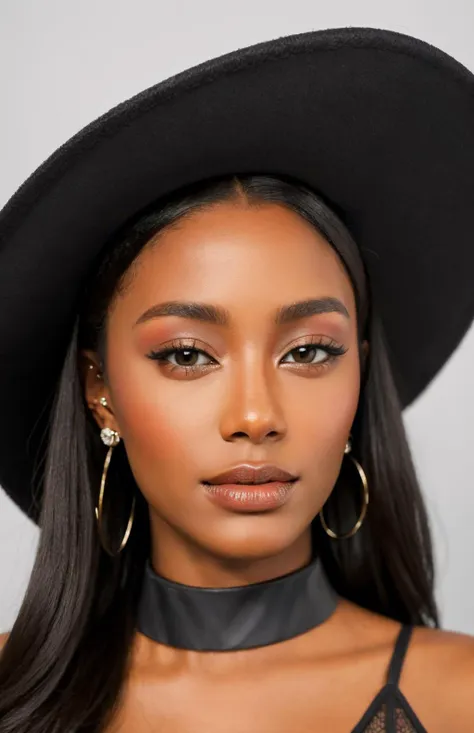 a woman wearing a black hat and choker posing for a picture