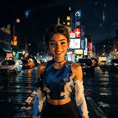 Circle Sora, 1 girl, smile, look at viewer, upper body, crop top, cityscape, best quality, night sky, masterpiece, high quality, <lora:CircleV2:0.9>