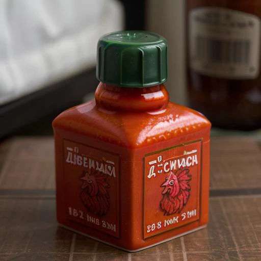 A ((cubic: 1.4)) bottle of sriracha sauce, small green lid, the label has an image of a cartoon rooster on it, <lora:chunks3:1>